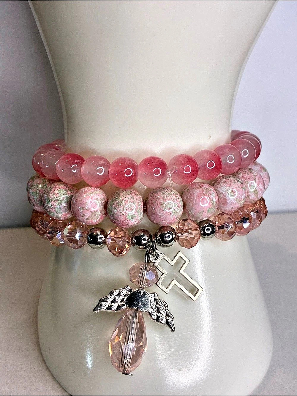 Glass Pink Beaded Charm Bracelet Set